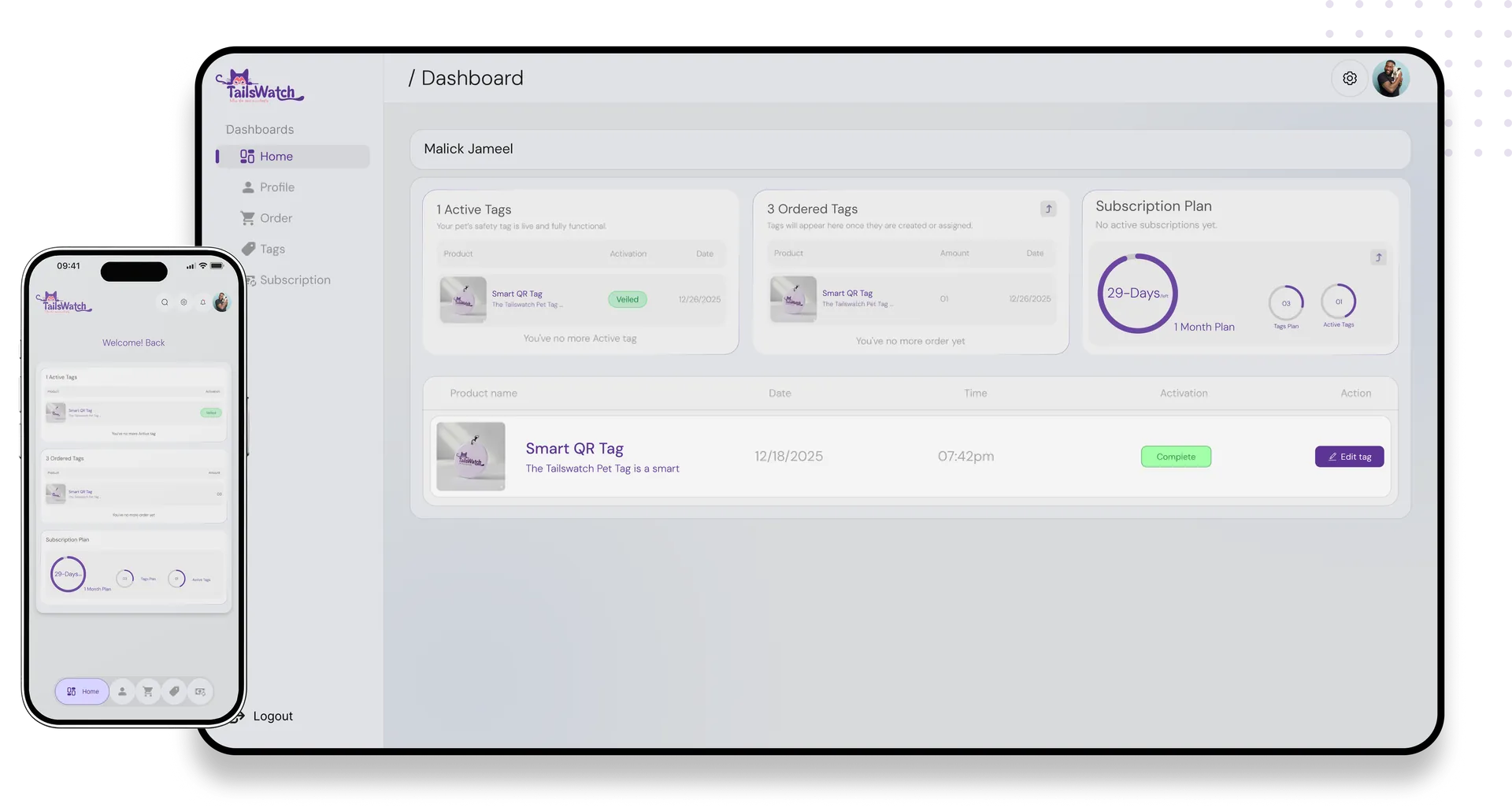 The Tailswatch dashboard showing where a pet's tag was scanned